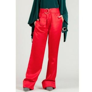 Self Portrait Belted Cuff Satin Red Trouser